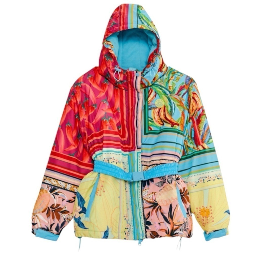 Farm Rio- NWT Multicolored Hooded Mix Scarves Printed Puffer Belted Ski Jacket